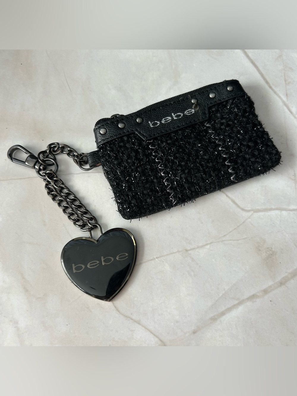 bebe Black Tweed Card Holder with Heart Charm Keychain
